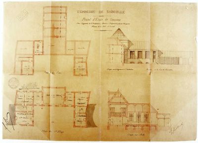 Mairie et cole de garons de Sainville, plan de ltage et des caves, [1881]